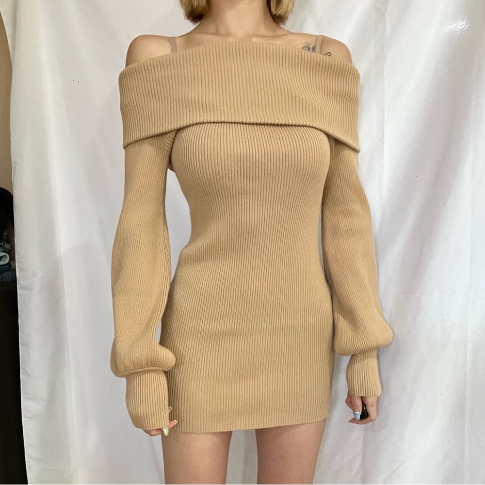 Fashion nova oatmeal off shoulder sweater dress